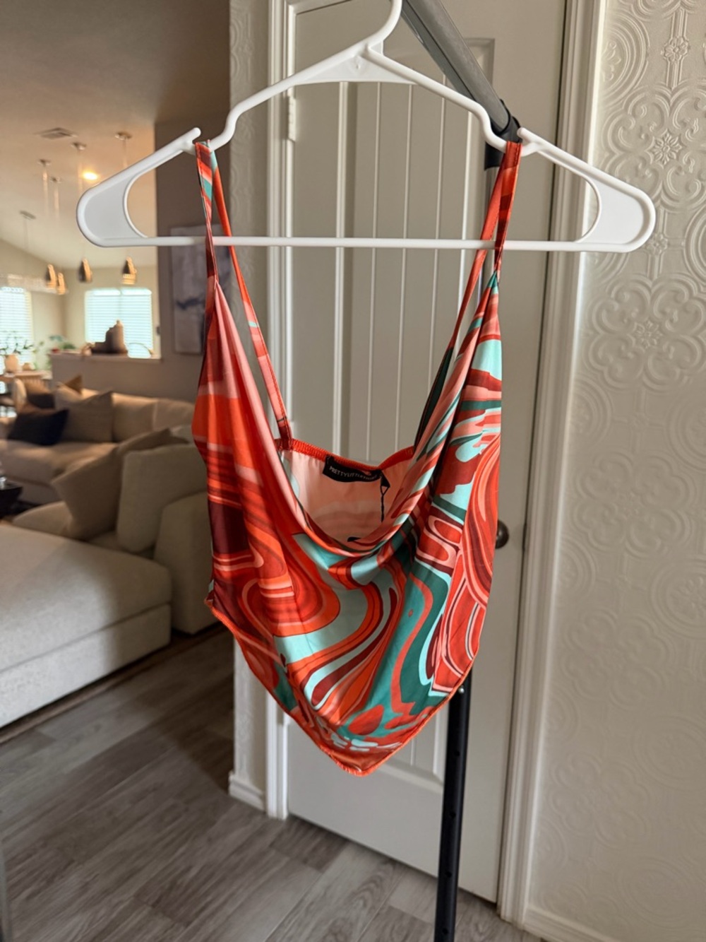 PrettyLittleThing Red and Turquoise Swirl Cowl Neck Crop Top
